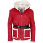 Santa Red Faux Fur Hooded Real Leather Jacket