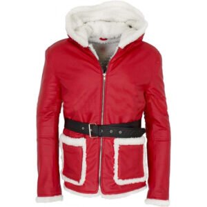 Santa Red Faux Fur Hooded Real Leather Jacket