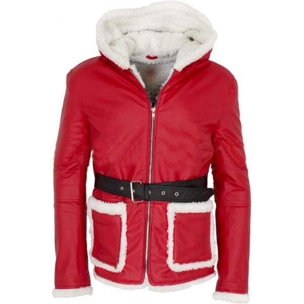 Santa Red Faux Fur Hooded Real Leather Jacket