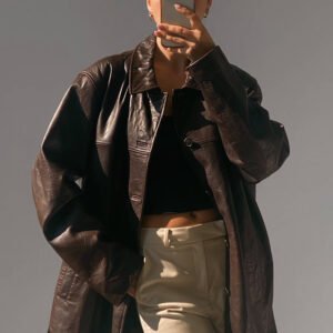 Women Vintage Style Black Oversized Leather Jacket
