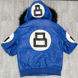 8 Ball Faux Fur Blue Hooded Leather Jacket