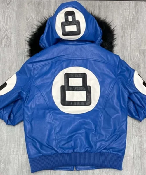 8 Ball Faux Fur Blue Hooded Leather Jacket