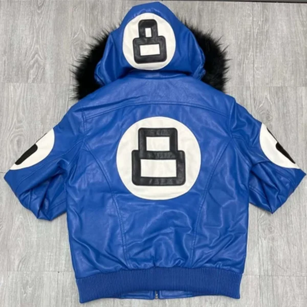 8 Ball Faux Fur Blue Hooded Leather Jacket