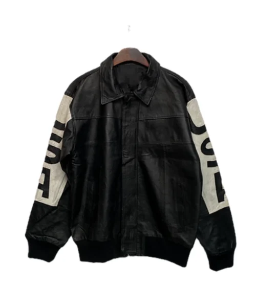 USA Flag Black Bomber Real Leathet Jacket