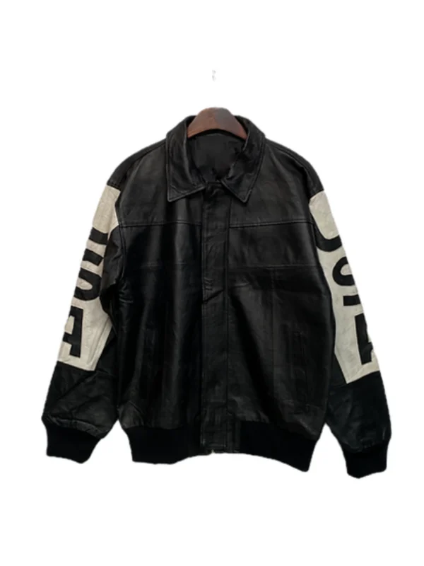USA Flag Black Bomber Real Leathet Jacket