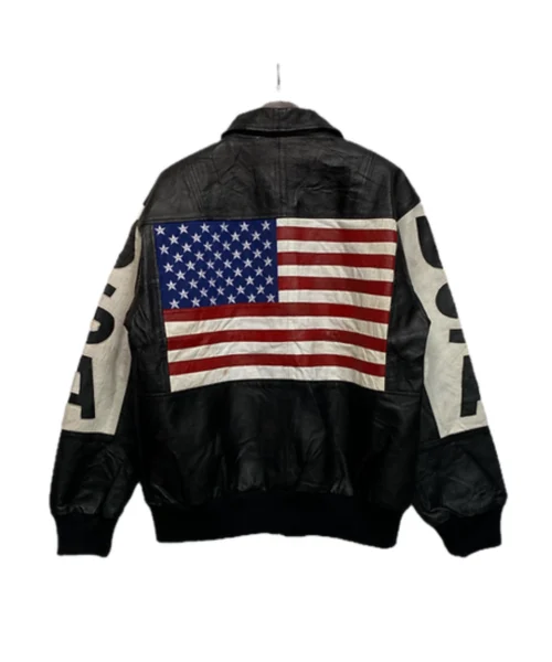 American Flag Black Leather Bomber Jacket