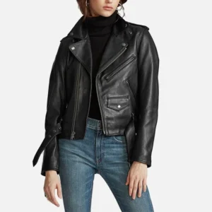 Cowhide biker women black leather jacket