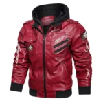 Unisex Cyberpunk Hooded Red Leather Jacket
