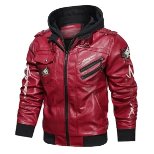Unisex Cyberpunk Hooded Red Leather Jacket