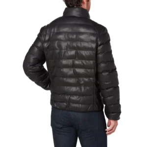Men Puffer Black Leather Jacket