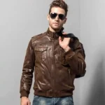 Brown Bomber Ribbed Collar Real Leather Jacket