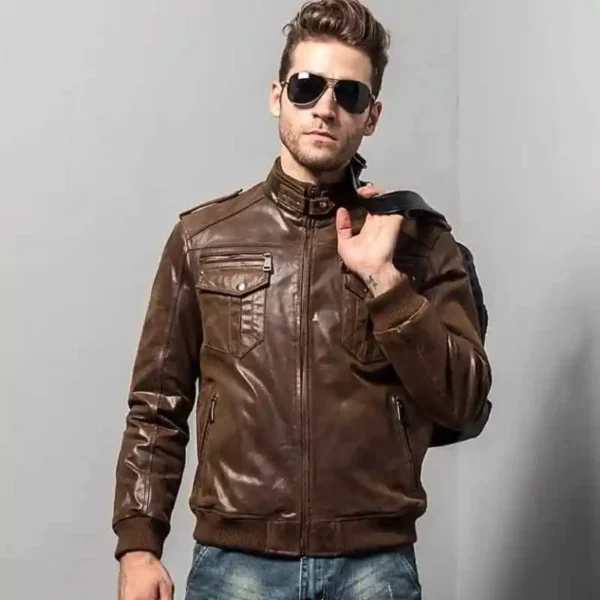 Brown Bomber Ribbed Collar Real Leather Jacket