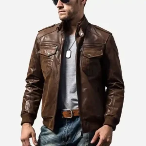 Mens Ribbed Collar Brown Bomber Leather Jacket