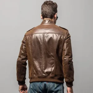 Ribbed Collar Brown Bomber Leather Jacket