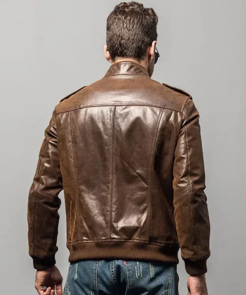 Ribbed Collar Brown Bomber Leather Jacket