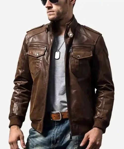 Mens Ribbed Collar Brown Bomber Leather Jacket