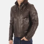 Kirill Brown Real Leather Hooded Jacket