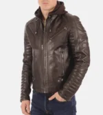 Kirill Brown Real Leather Hooded Jacket