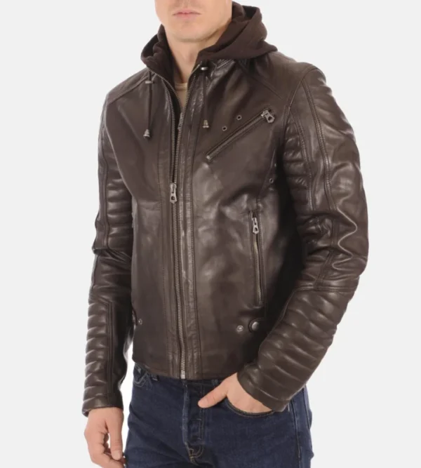 Kirill Brown Real Leather Hooded Jacket