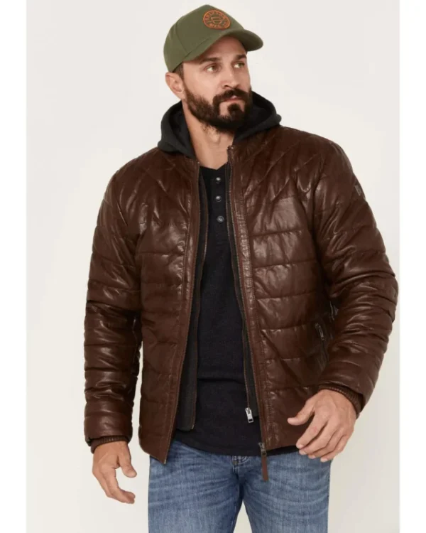 Men's Dark Brown Puffer Real Leather Jacket
