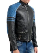 Shoulder Quilted Black Biker Real Leather Jacket
