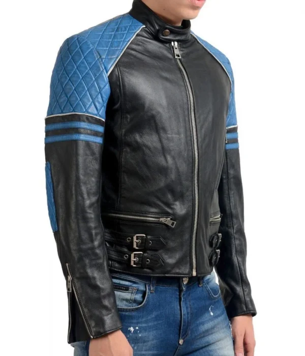 Shoulder Quilted Black Biker Real Leather Jacket
