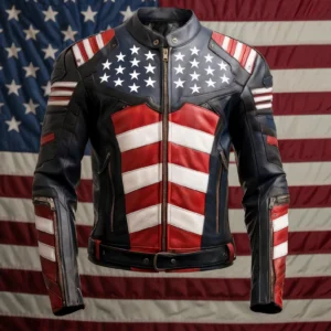 American Flag Biker Blue Real Leather Jacket