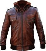 Vintage Brown Biker Hooded Leather Jacket