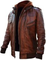 Vintage Men Brown Biker Hooded Jacket
