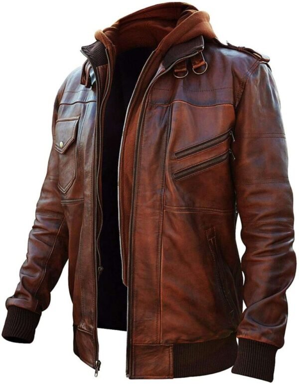 Vintage Men Brown Biker Hooded Jacket