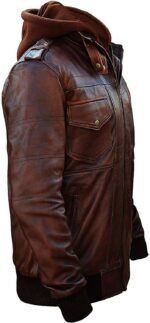 Vintage Biker Brown Leather Hooded Jacket