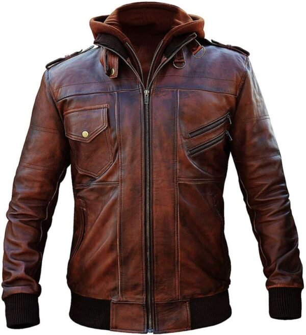Vintage Brown Biker Hooded Leather Jacket
