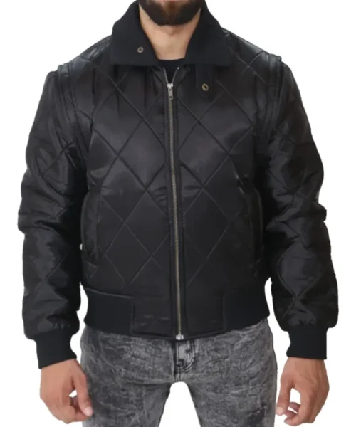 Ryan Gosling Satin Black Bomber Quilted Jacket