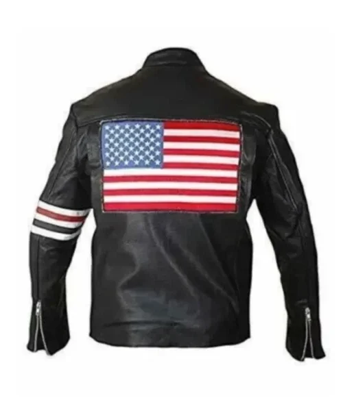 Unisex Black Biker USA Flag Leather Jacket