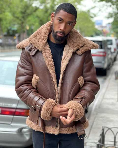 Aviator Brwon Shearling Real Leather Jacket
