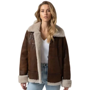 Women B3 Faux Fur SHearling Brown Real Leather Jacket