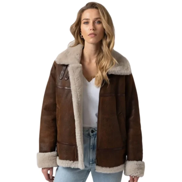 Women B3 Faux Fur SHearling Brown Real Leather Jacket