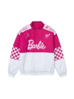 Barbie Pink Racing Checkered Bomber Jacket For Women