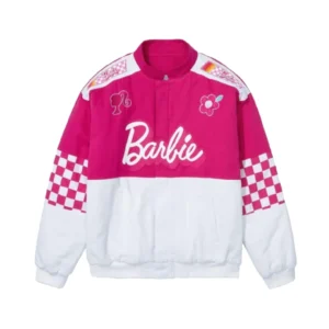 Barbie Pink Racing Checkered Bomber Jacket For Women