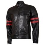 Red Strips Unisex Black Real Leather Jacket