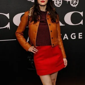 Brown Shearling Collar Alexandra Daddario Real Leather Jacket