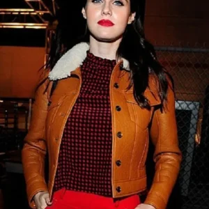 Alexandra Daddario Fur Collar Brown Leather Jacket