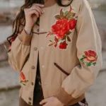 Cowgirl Rose Brown Cotton Bomber Jacket