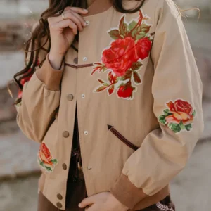 Cowgirl Rose Brown Cotton Bomber Jacket