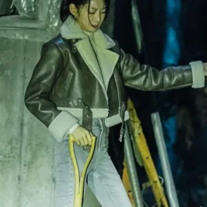 Gong Seung-Yeon Faux Fur Shearling Black Leather Jacket