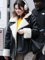 Salena Gomez Shearling Black Real Leather Jacket