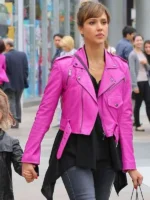 Jessica Alba Hot Pink Biker Leather Jacket - Image 2