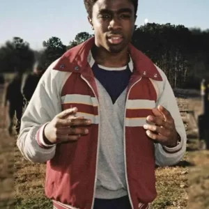 Lucas Sinclair Stranger Things S05 red and white bomber jacket
