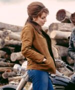 Jodie Comer The Bikeriders 2024 Brown Suede Jacket