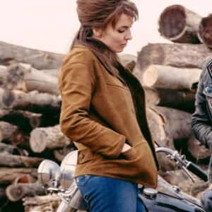 Jodie Comer The Bikeriders 2024 Brown Suede Jacket